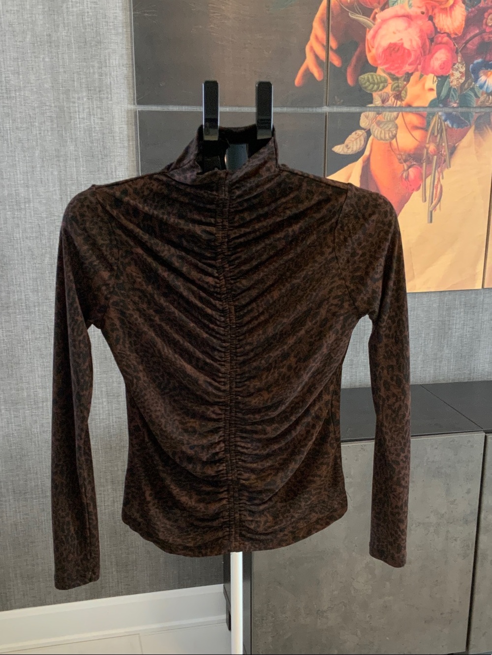 Dynamite Brown Ruched Mock Neck Mesh Long Sleeve Top L
